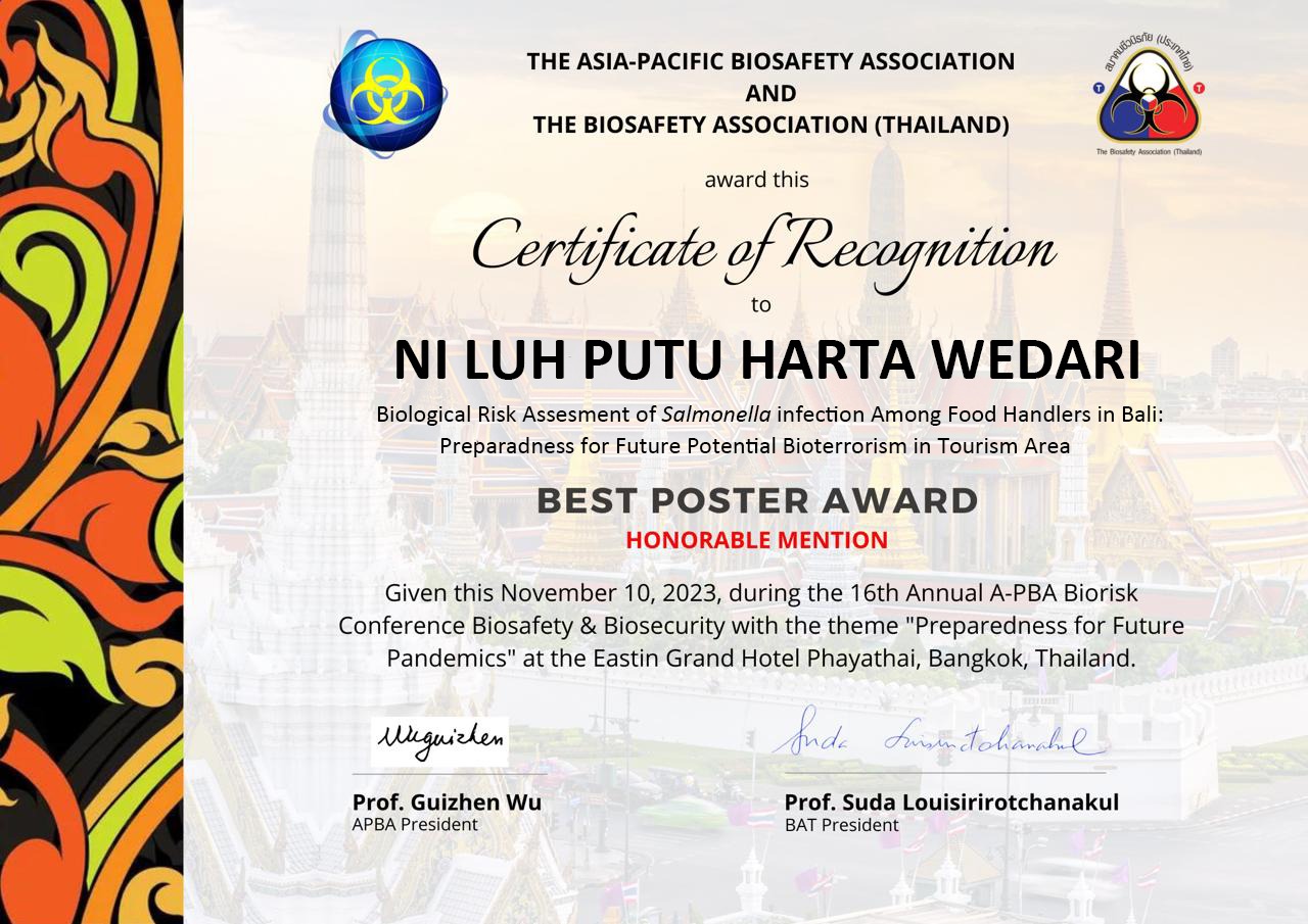 Mahasiswa FK Unud Raih Best Poster Award Dalam Ajang 16th Annual A-PBA Biorisk Conference Biosafety and Biosecurity
